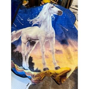 Wild Frontier Wilderness Plush Unicorn Blanket White Horse Celestial Sunset Blue